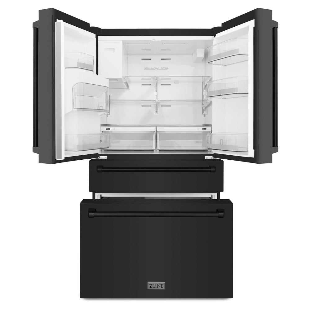 ZLINE 36 in. 21.6 cu. ft. Counter-Depth French Door Refrigerator with Water and Ice Dispenser in Fingerprint-Resistant Black Stainless Steel (RFM-W-36-BS)