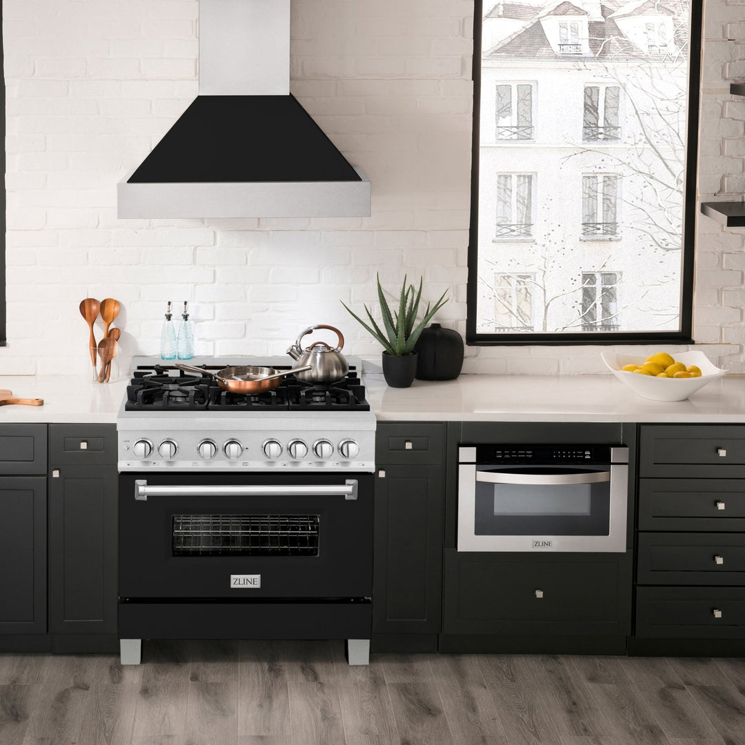 ZLINE 36 in. 4.6 cu. ft. Legacy Dual Fuel Range with 6 Burner Gas Cooktop and Electric Convection Oven in Satin Stainless Steel and Black Matte Door (RAS-BLM-36)