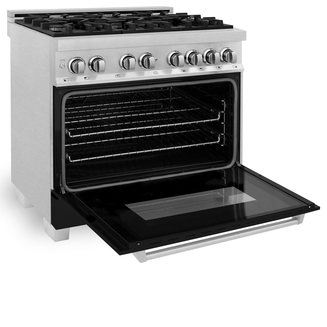 ZLINE 36 in. 4.6 cu. ft. Legacy Dual Fuel Range with 6 Burner Gas Cooktop and Electric Convection Oven in Satin Stainless Steel and Black Matte Door (RAS-BLM-36)