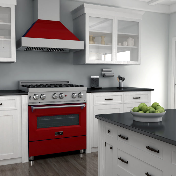 ZLINE 36 in. 4.6 cu. ft. Legacy Dual Fuel Range with 6 Burner Gas Cooktop and Electric Convection Oven in Satin Stainless Steel and Red Gloss Door (RAS-RG-36)