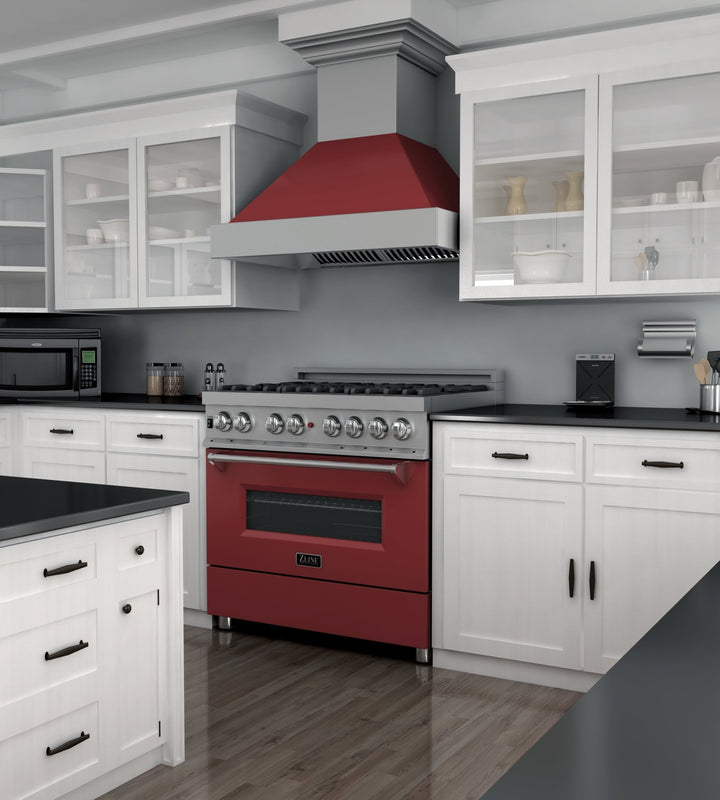 ZLINE 36 in. 4.6 cu. ft. Legacy Dual Fuel Range with 6 Burner Gas Cooktop and Electric Convection Oven in Satin Stainless Steel and Red Matte Door (RAS-RM-36)