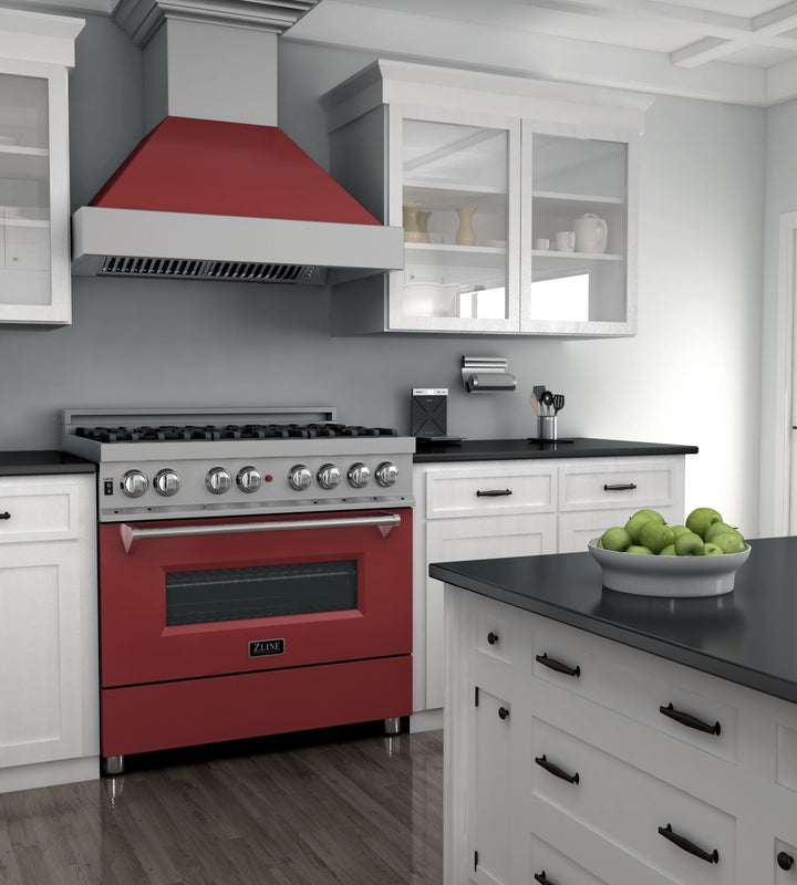 ZLINE 36 in. 4.6 cu. ft. Legacy Dual Fuel Range with 6 Burner Gas Cooktop and Electric Convection Oven in Satin Stainless Steel and Red Matte Door (RAS-RM-36)