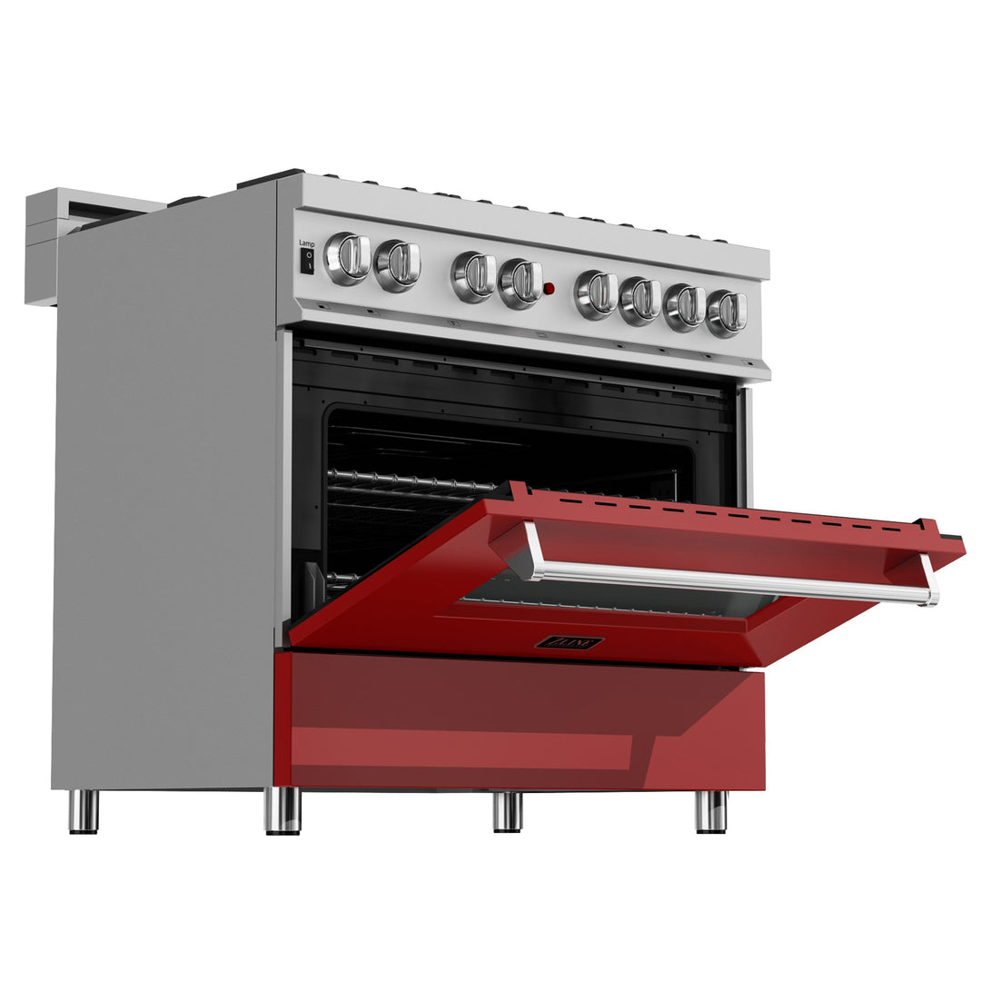 ZLINE 36 in. 4.6 cu. ft. Legacy Dual Fuel Range with 6 Burner Gas Cooktop and Electric Convection Oven in Satin Stainless Steel and Red Matte Door (RAS-RM-36)
