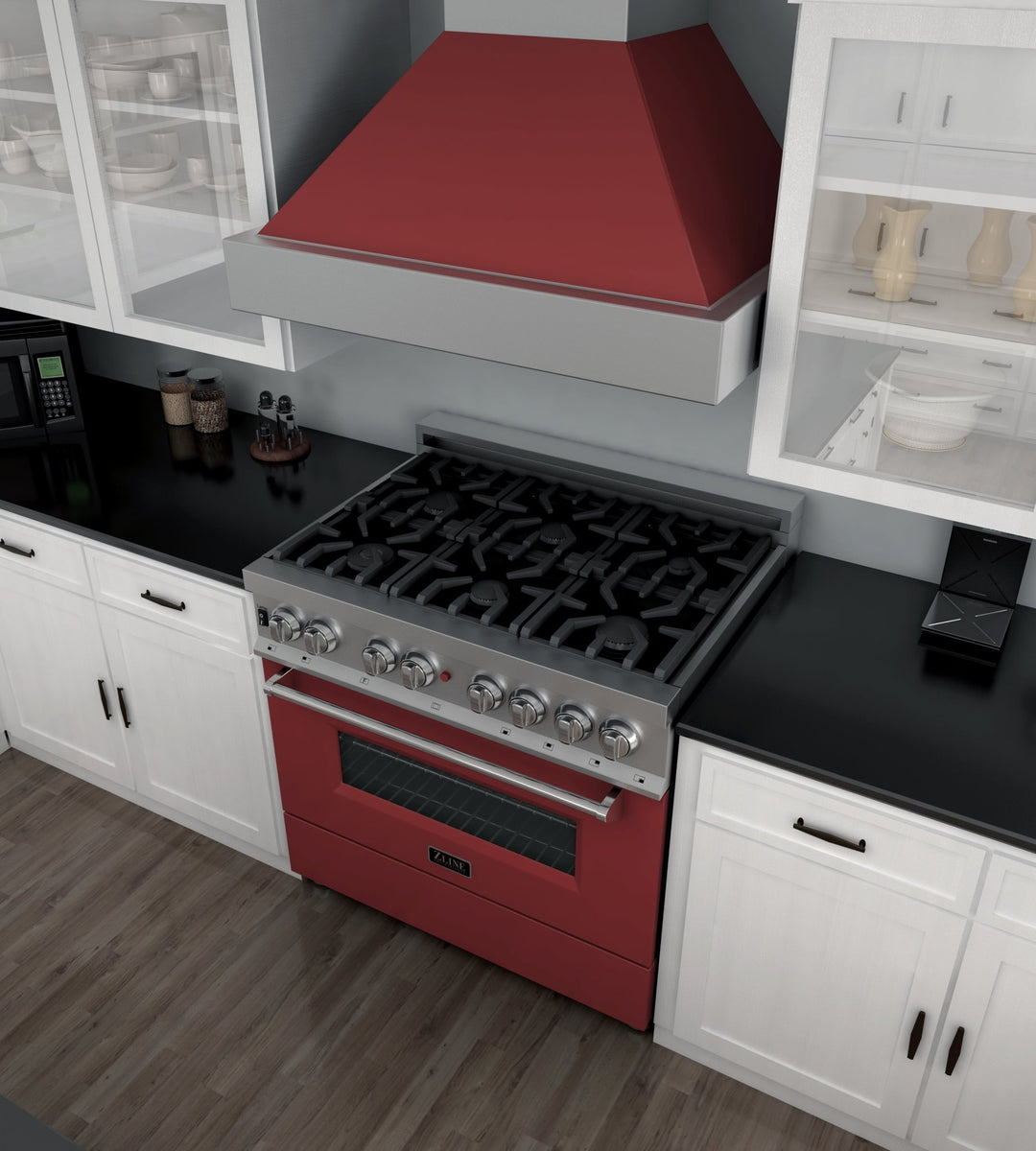 ZLINE 36 in. 4.6 cu. ft. Legacy Dual Fuel Range with 6 Burner Gas Cooktop and Electric Convection Oven in Satin Stainless Steel and Red Matte Door (RAS-RM-36)