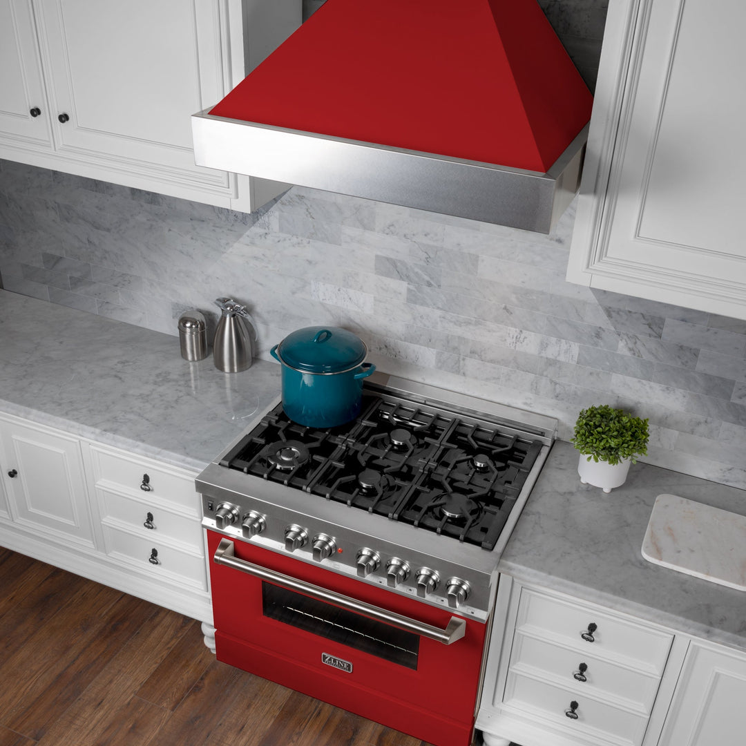 ZLINE 36 in. 4.6 cu. ft. Legacy Dual Fuel Range with 6 Burner Gas Cooktop and Electric Convection Oven in Satin Stainless Steel and Red Matte Door (RAS-RM-36)