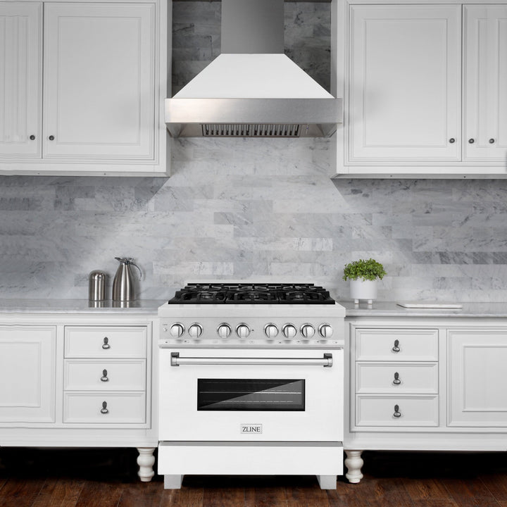 ZLINE 36 in. 4.6 cu. ft. Legacy Dual Fuel Range with 6 Burner Gas Cooktop and Electric Convection Oven in Satin Stainless Steel and White Matte Door (RAS-WM-36)