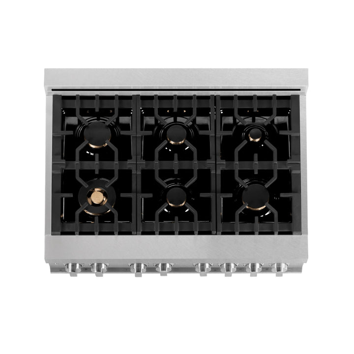 ZLINE 36 in. 4.6 cu. ft. Legacy Dual Fuel Range with Gas Cooktop and Electric Convection Oven in Satin Stainless Steel with 6 Brass Burners and Griddle (RAS-SN-BR-GR-36)