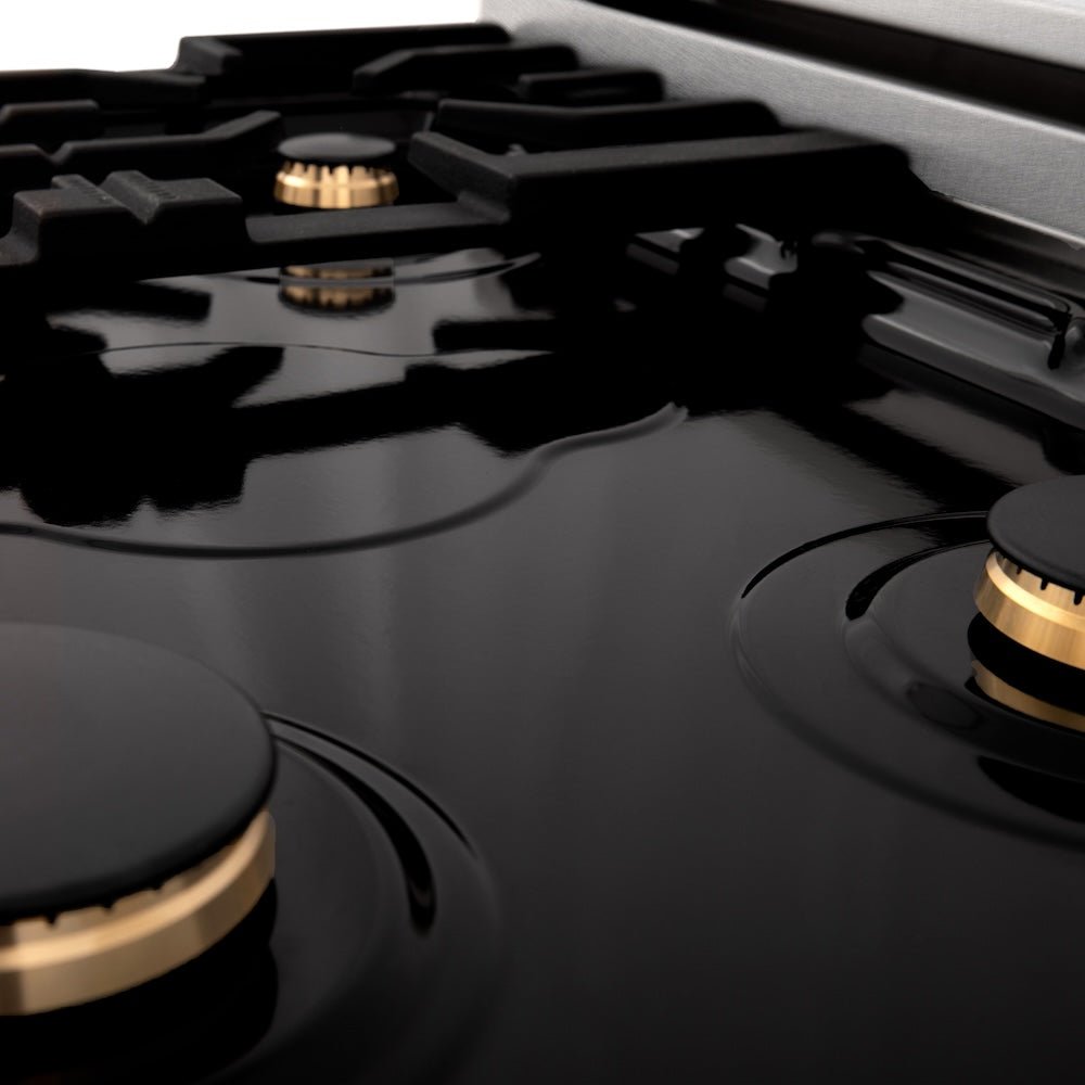 ZLINE 36 in. 4.6 cu. ft. Legacy Dual Fuel Range with Gas Cooktop and Electric Convection Oven in Satin Stainless Steel with 6 Brass Burners (RAS-SN-BR-36)