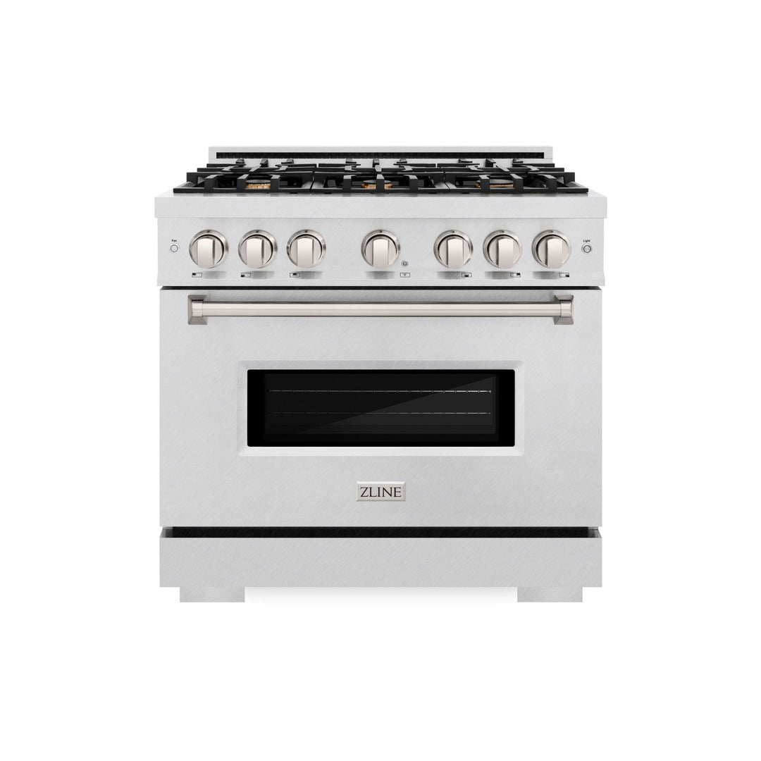 ZLINE 36 in. 5.2 cu. ft. Classic Dual Fuel Range with Gas Cooktop and Electric Convection Oven in Satin Stainless Steel with 6 Brass Burners (CDRS-BR-36)