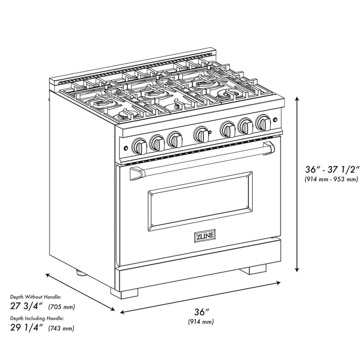 ZLINE 36 in. 5.2 cu. ft. Classic Gas Range with 6 Burner Cooktop and Convection Gas Oven in Satin Stainless Steel with Black Matte Door (CGRS-BLM-36)