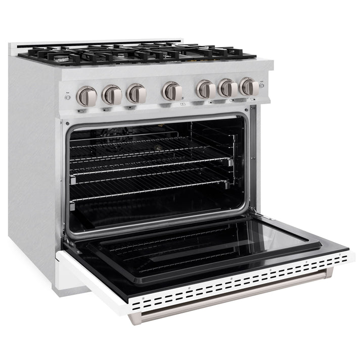 ZLINE 36 in. 5.2 cu. ft. Classic Gas Range with 6 Burner Cooktop and Convection Gas Oven in Satin Stainless Steel with White Matte Door (CGRS-WM-36)
