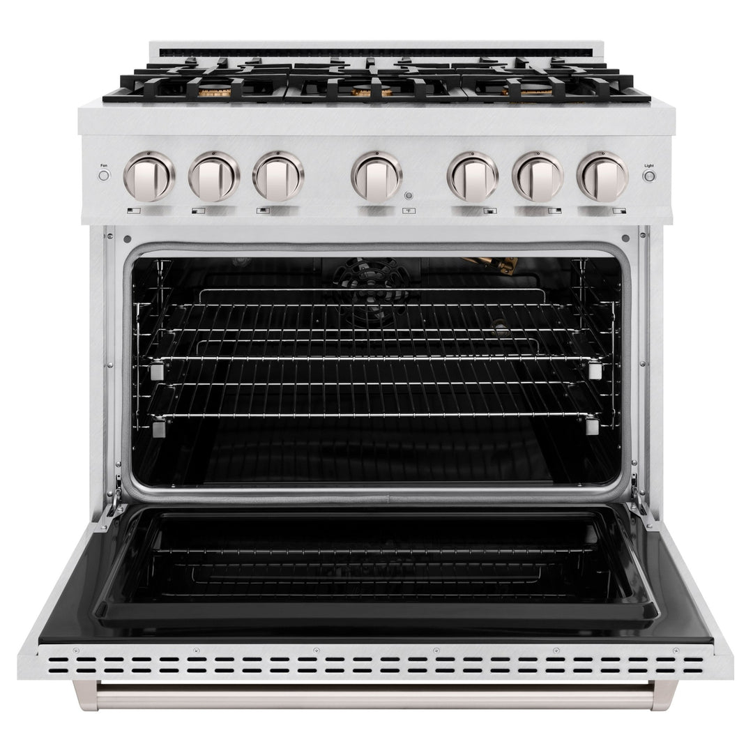 ZLINE 36 in. 5.2 cu. ft. Classic Gas Range with Convection Gas Oven in Satin Stainless Steel with 6 Brass Burners (CGRS-BR-36)