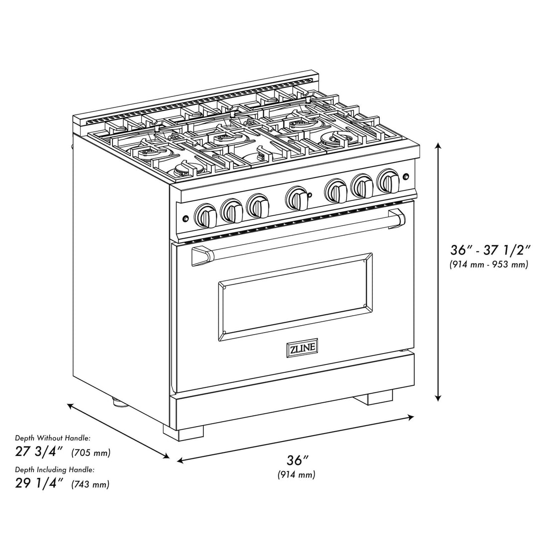 ZLINE 36 in. 5.2 cu. ft. Classic Gas Range with Convection Gas Oven in Satin Stainless Steel with 6 Brass Burners (CGRS-BR-36)