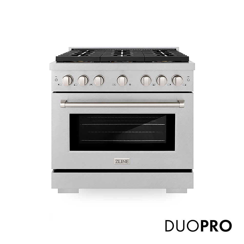 ZLINE 36 in. 5.2 cu. ft. Paramount Dual Fuel Range with 6 Burner DuoProâ„¢ Cooktop and Electric Convection Oven in Satin Stainless Steel (PSDRS-36)
