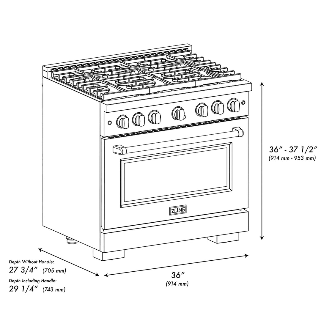 ZLINE 36 in. 5.2 cu. ft. Paramount Dual Fuel Range with 6 Burner DuoProâ„¢ Cooktop and Electric Convection Oven in Satin Stainless Steel with Black Matte Door (PSDRS-BLM-36)