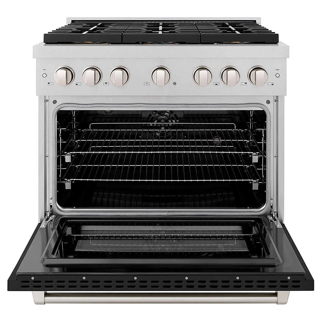 ZLINE 36 in. 5.2 cu. ft. Paramount Dual Fuel Range with 6 Burner DuoProâ„¢ Cooktop and Electric Convection Oven in Satin Stainless Steel with Black Matte Door (PSDRS-BLM-36)