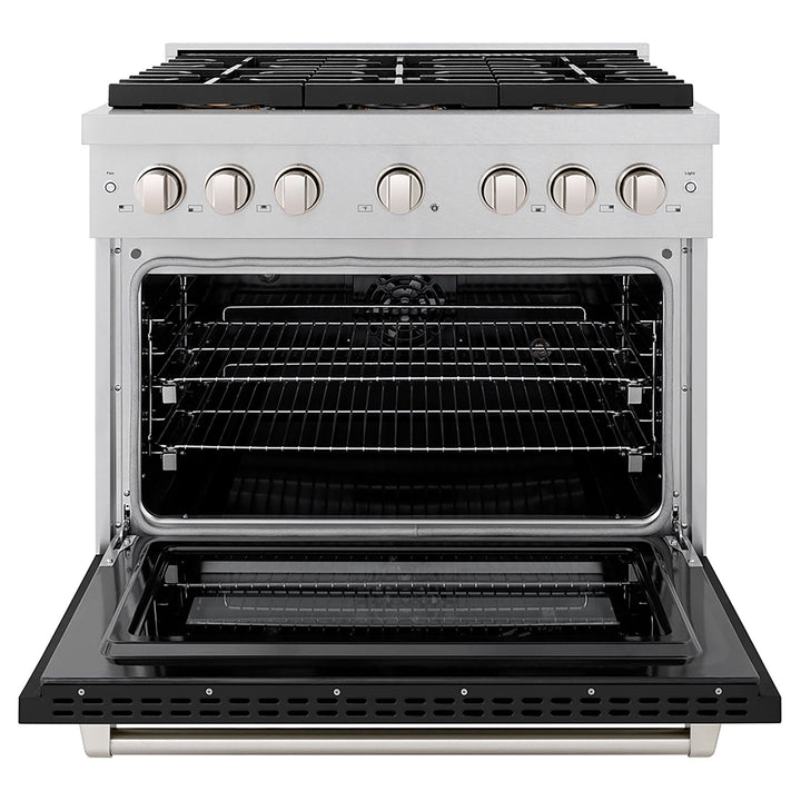 ZLINE 36 in. 5.2 cu. ft. Paramount Dual Fuel Range with 6 Burner DuoProâ„¢ Cooktop and Electric Convection Oven in Satin Stainless Steel with Black Matte Door (PSDRS-BLM-36)