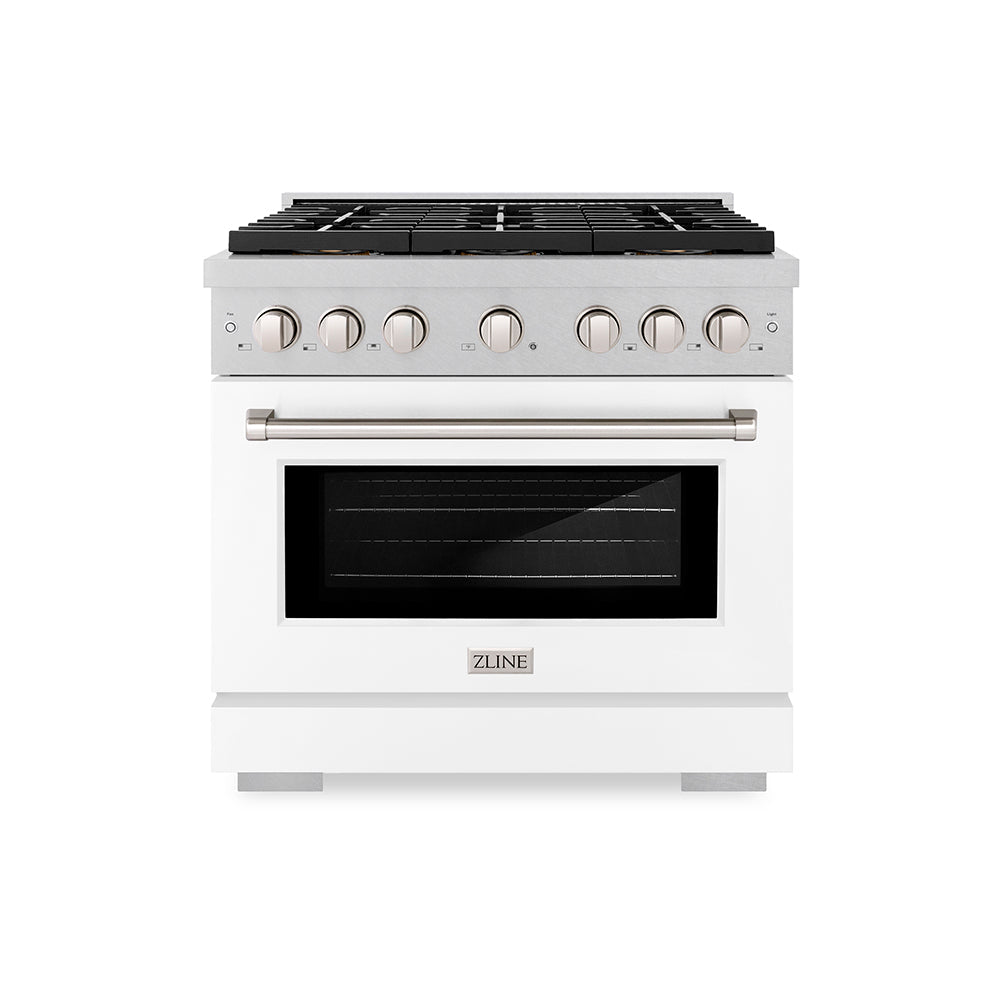ZLINE 36 in. 5.2 cu. ft. Paramount Dual Fuel Range with 6 Burner DuoProâ„¢ Cooktop and Electric Convection Oven in Satin Stainless Steel with White Matte Door (PSDRS-WM-36)