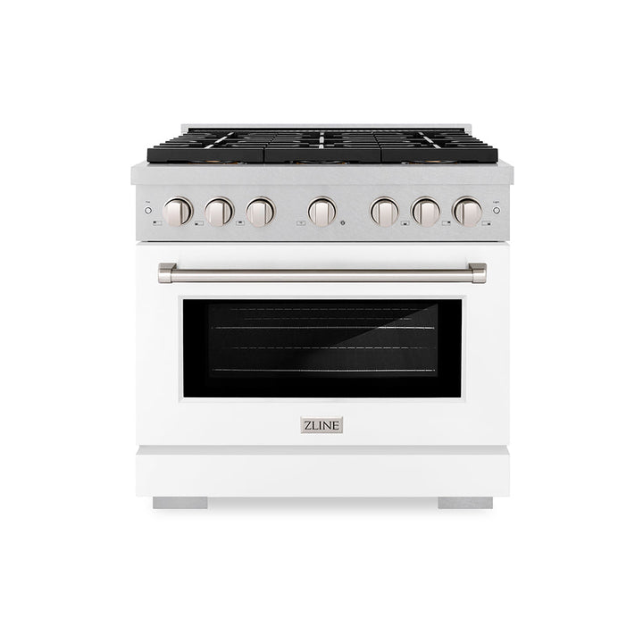 ZLINE 36 in. 5.2 cu. ft. Paramount Dual Fuel Range with 6 Burner DuoProâ„¢ Cooktop and Electric Convection Oven in Satin Stainless Steel with White Matte Door (PSDRS-WM-36)