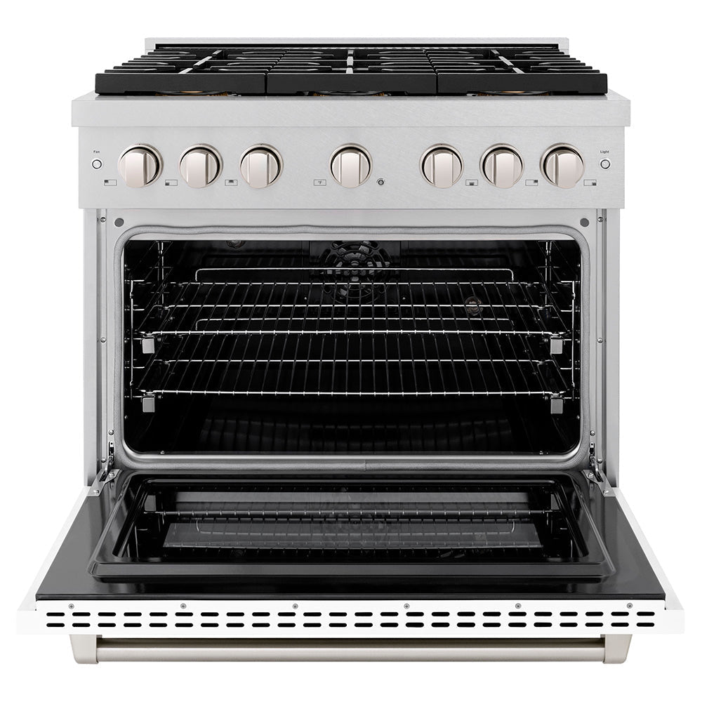 ZLINE 36 in. 5.2 cu. ft. Paramount Dual Fuel Range with 6 Burner DuoProâ„¢ Cooktop and Electric Convection Oven in Satin Stainless Steel with White Matte Door (PSDRS-WM-36)