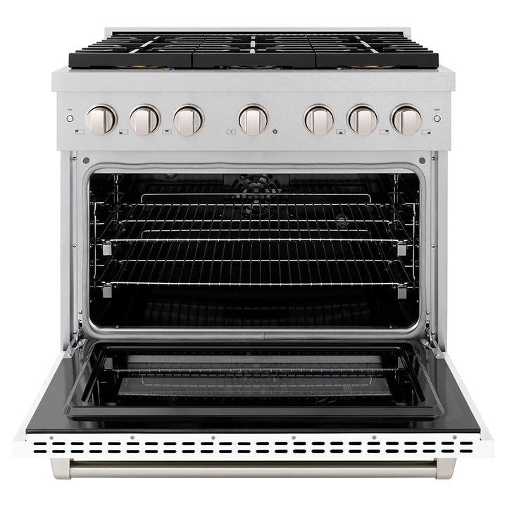 ZLINE 36 in. 5.2 cu. ft. Paramount Dual Fuel Range with 6 Burner DuoProâ„¢ Cooktop and Electric Convection Oven in Satin Stainless Steel with White Matte Door (PSDRS-WM-36)