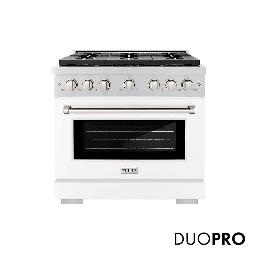 ZLINE 36 in. 5.2 cu. ft. Paramount Dual Fuel Range with 6 Burner DuoProâ„¢ Cooktop and Electric Convection Oven with White Matte Door (PSDR-WM-36)