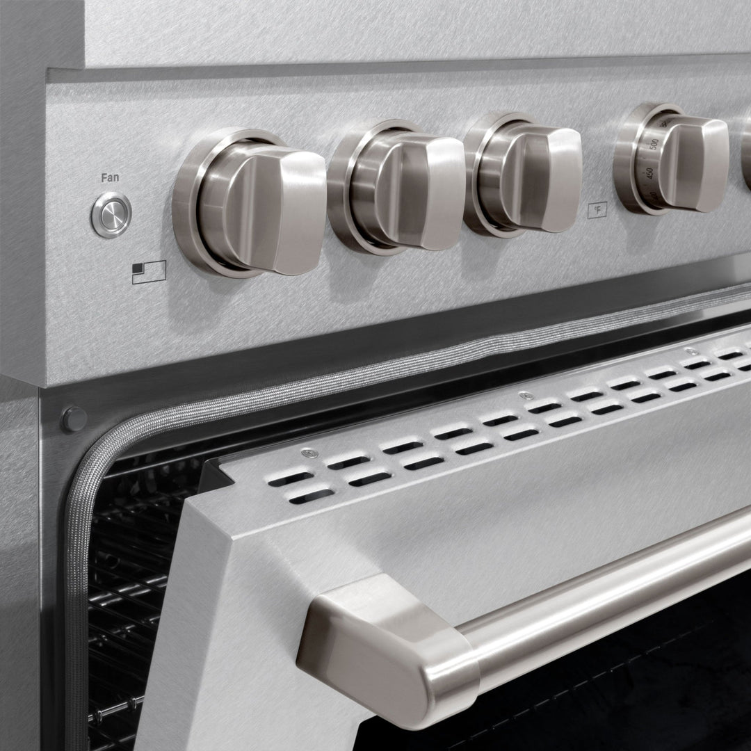 ZLINE 36 in. 5.2 cu. ft. Paramount Dual Fuel Range with 6 Burner Gas Cooktop and Electric Convection Oven in Satin Stainless Steel (SDRS-36)