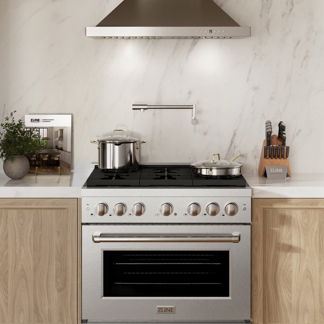 ZLINE 36 in. 5.2 cu. ft. Paramount Dual Fuel Range with 6 Burner Gas Cooktop and Electric Convection Oven in Satin Stainless Steel (SDRS-36)