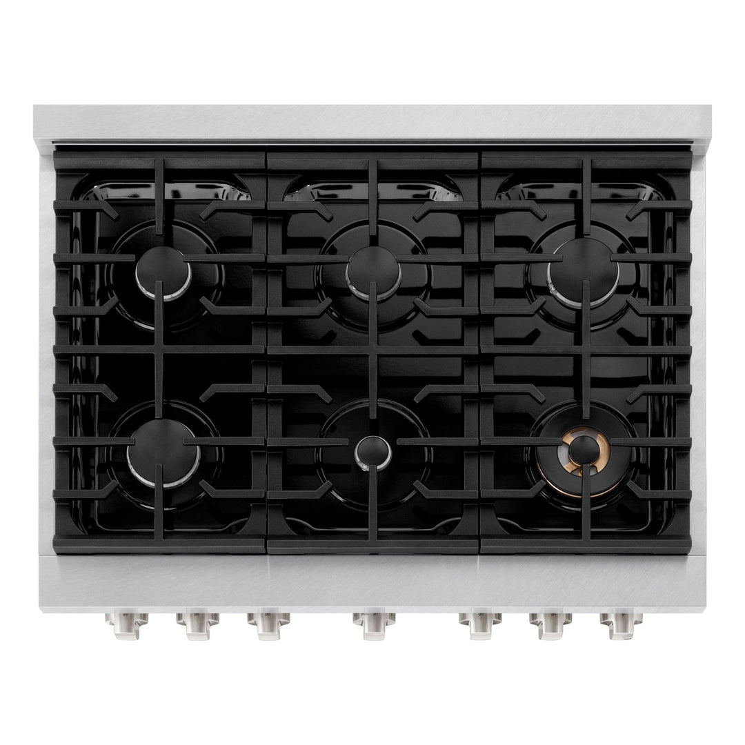 ZLINE 36 in. 5.2 cu. ft. Paramount Dual Fuel Range with 6 Burner Gas Cooktop and Electric Convection Oven in Satin Stainless Steel (SDRS-36)