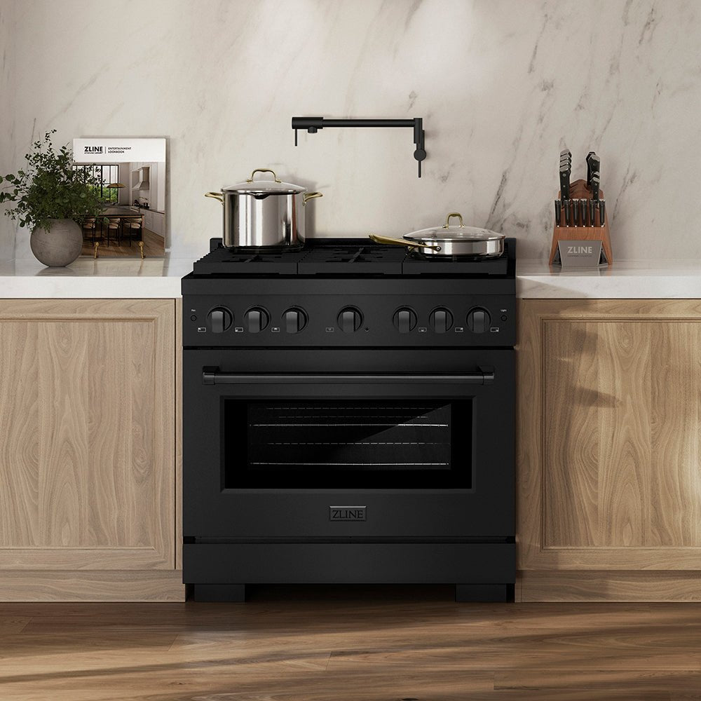 ZLINE 36 in. 5.2 cu. ft. Paramount Gas Range with 6 Burner DuoProâ„¢ Cooktop and Convection Gas Oven in Black Stainless Steel (PSGRB-36)