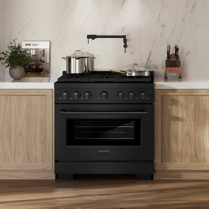 ZLINE 36 in. 5.2 cu. ft. Paramount Gas Range with 6 Burner DuoProâ„¢ Cooktop and Convection Gas Oven in Black Stainless Steel (PSGRB-36)