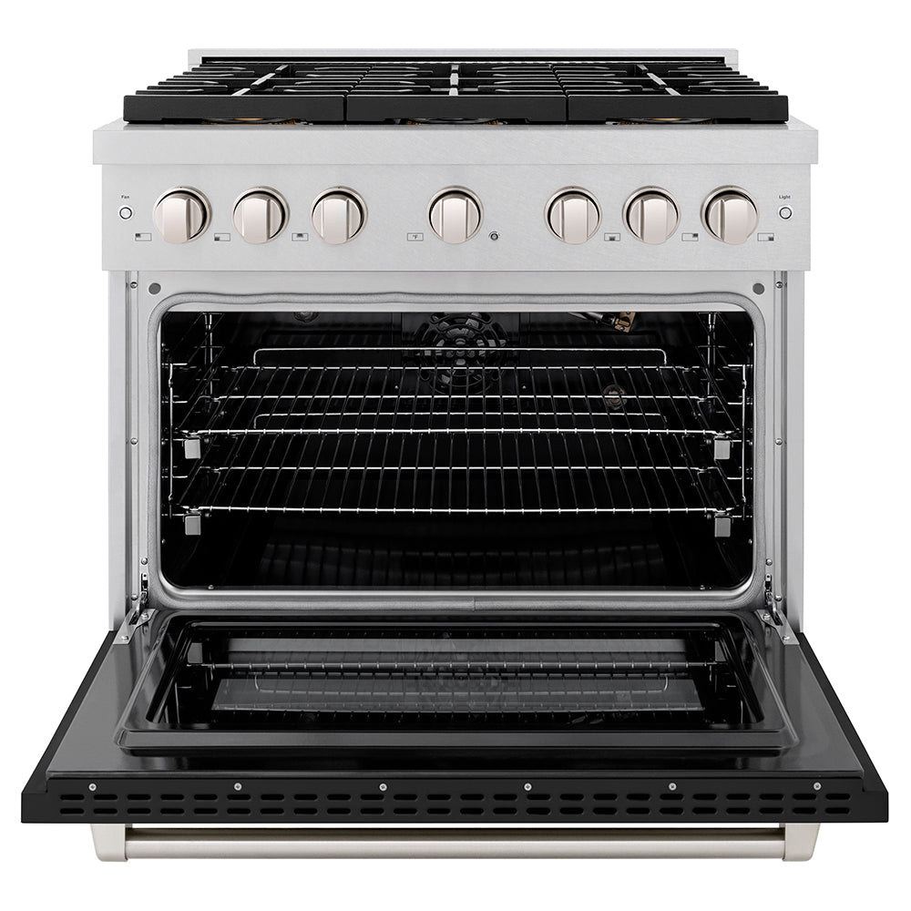 ZLINE 36 in. 5.2 cu. ft. Paramount Gas Range with 6 Burner DuoProâ„¢ Cooktop and Convection Gas Oven in Satin Stainless Steel with Black Matte Door (PSGRS-BLM-36)