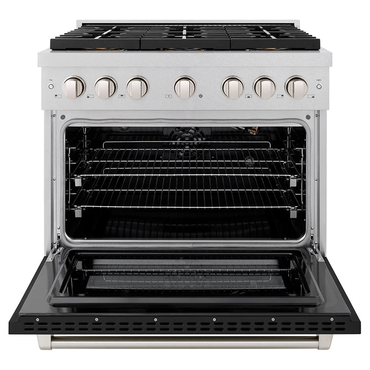 ZLINE 36 in. 5.2 cu. ft. Paramount Gas Range with 6 Burner DuoProâ„¢ Cooktop and Convection Gas Oven in Satin Stainless Steel with Black Matte Door (PSGRS-BLM-36)