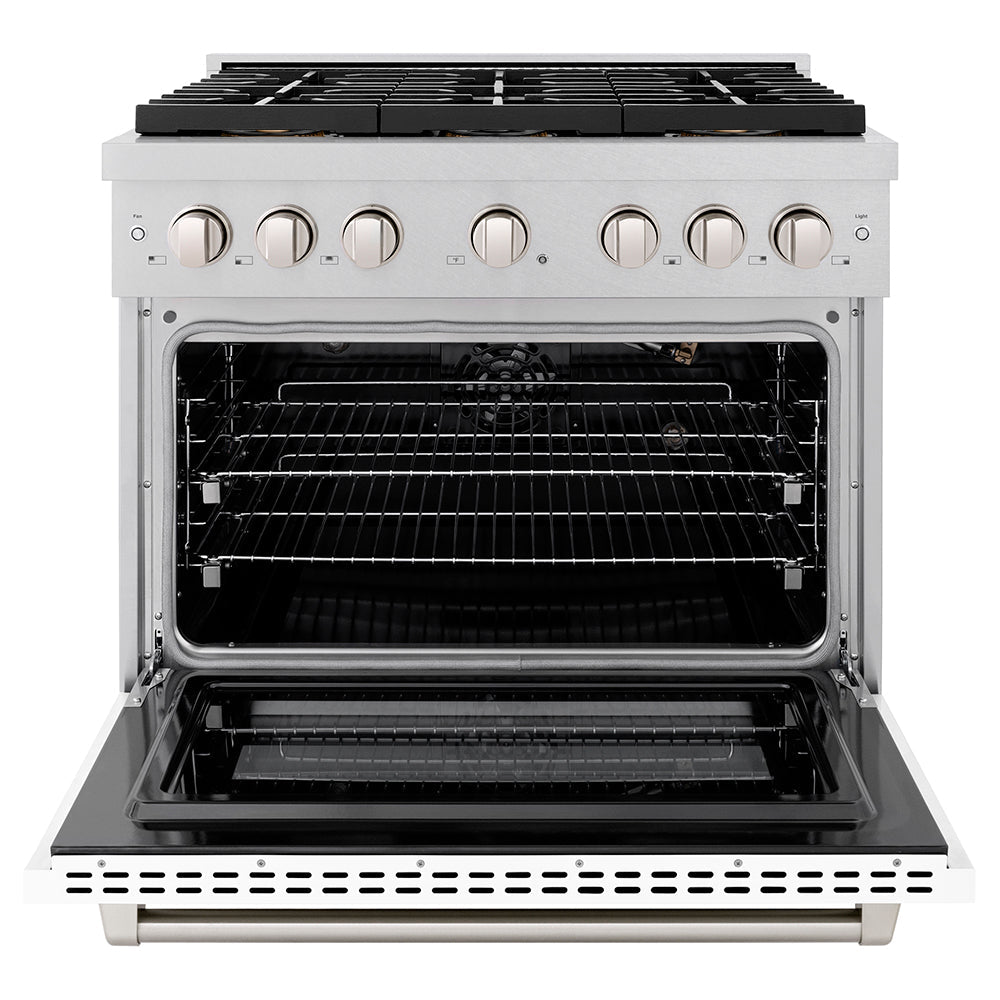 ZLINE 36 in. 5.2 cu. ft. Paramount Gas Range with 6 Burner DuoProâ„¢ Cooktop and Convection Gas Oven in Satin Stainless Steel with White Matte Door (PSGRS-WM-36)