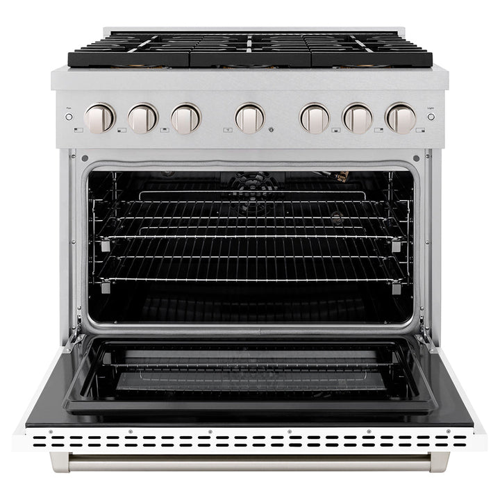 ZLINE 36 in. 5.2 cu. ft. Paramount Gas Range with 6 Burner DuoProâ„¢ Cooktop and Convection Gas Oven in Satin Stainless Steel with White Matte Door (PSGRS-WM-36)