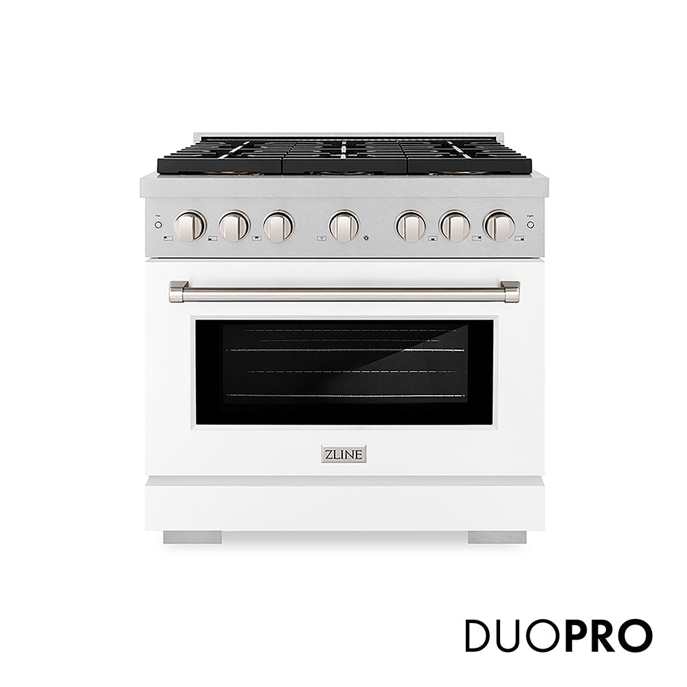 ZLINE 36 in. 5.2 cu. ft. Paramount Gas Range with 6 Burner DuoProâ„¢ Cooktop and Convection Gas Oven in Satin Stainless Steel with White Matte Door (PSGRS-WM-36)