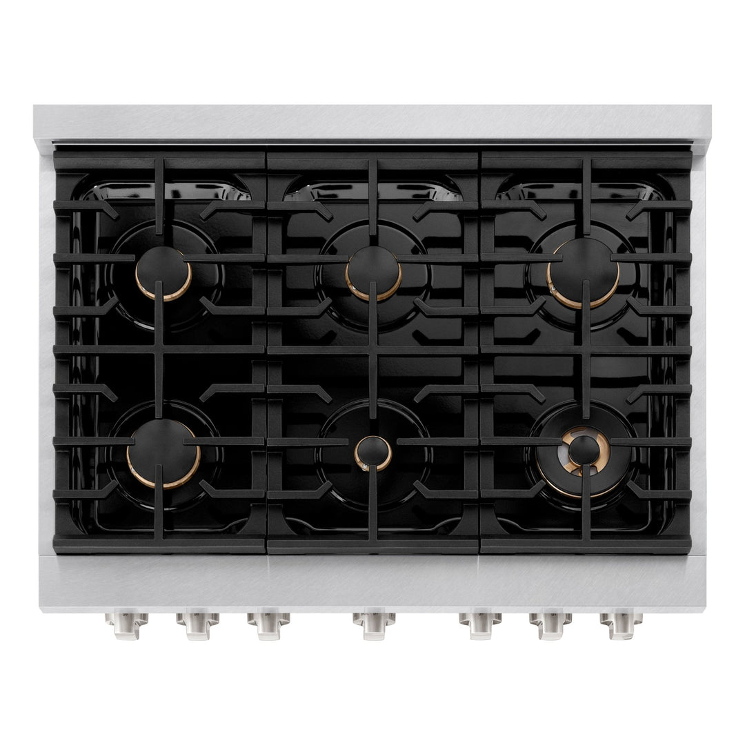ZLINE 36 in. 5.2 cu. ft. Paramount Gas Range with Convection Gas Oven in Satin Stainless Steel with 6 Brass Burners (SGRS-BR-36)
