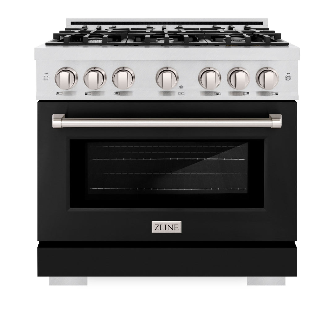 ZLINE 36 in. 5.2 cu. ft. Select Dual Fuel Range with 6 Burner Gas Cooktop and Electric Convection Oven in Satin Stainless Steel with Black Matte Door (HDRS-BLM-36)