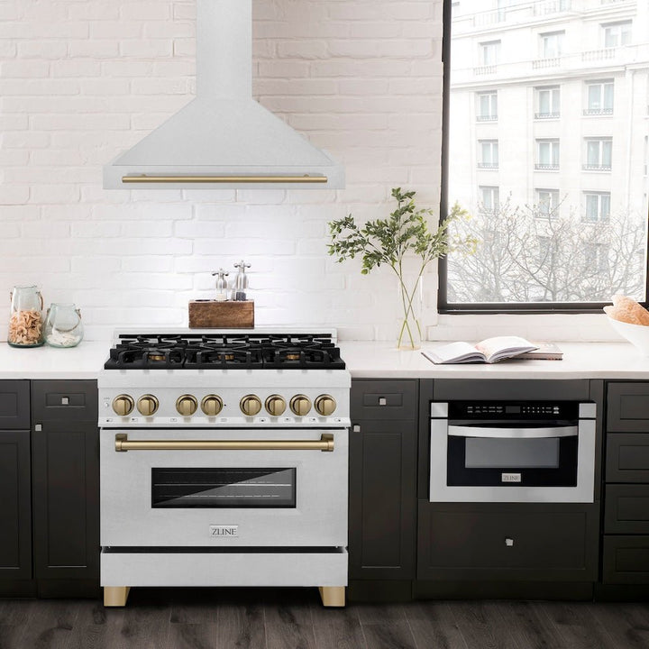ZLINE 36 in. Autograph Edition Convertible Fingerprint Resistant Satin Stainless Steel Range Hood with Champagne Bronze Handle (KB4SNZ-36-CB)