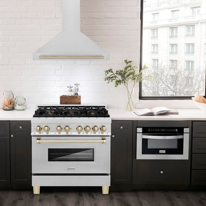 ZLINE 36 in. Autograph Edition Convertible Fingerprint Resistant Satin Stainless Steel Range Hood with Polished Gold Handle (KB4SNZ-36-G)