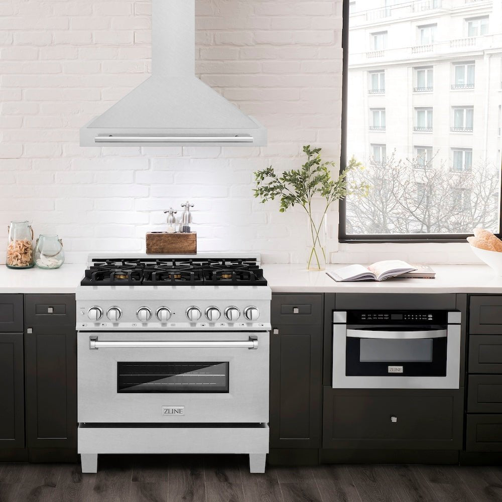 ZLINE 36 in. Autograph Edition Convertible Fingerprint Resistant Satin Stainless Steel Range Hood with White Matte Shell and Matte Black Handle (KB4SNZ-WM36-MB)