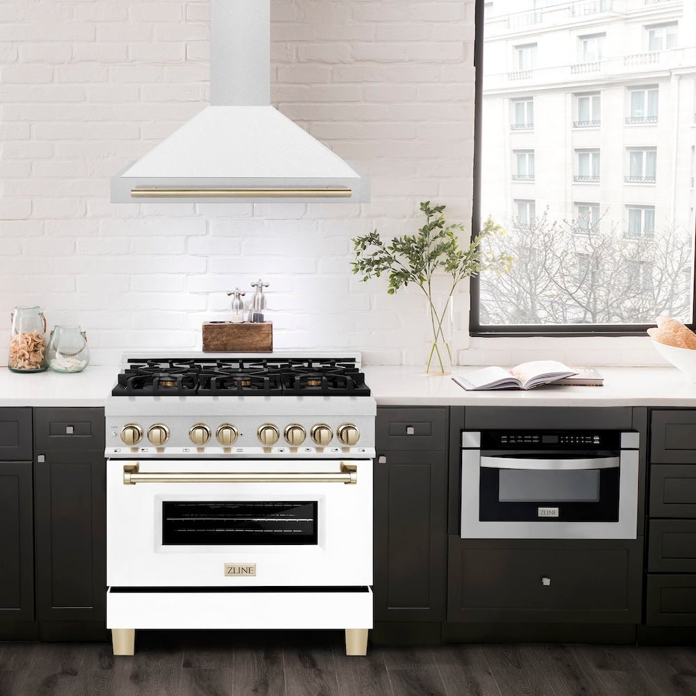 ZLINE 36 in. Autograph Edition Convertible Fingerprint Resistant Satin Stainless Steel Range Hood with White Matte Shell and Polished Gold Handle (KB4SNZ-WM36-G)