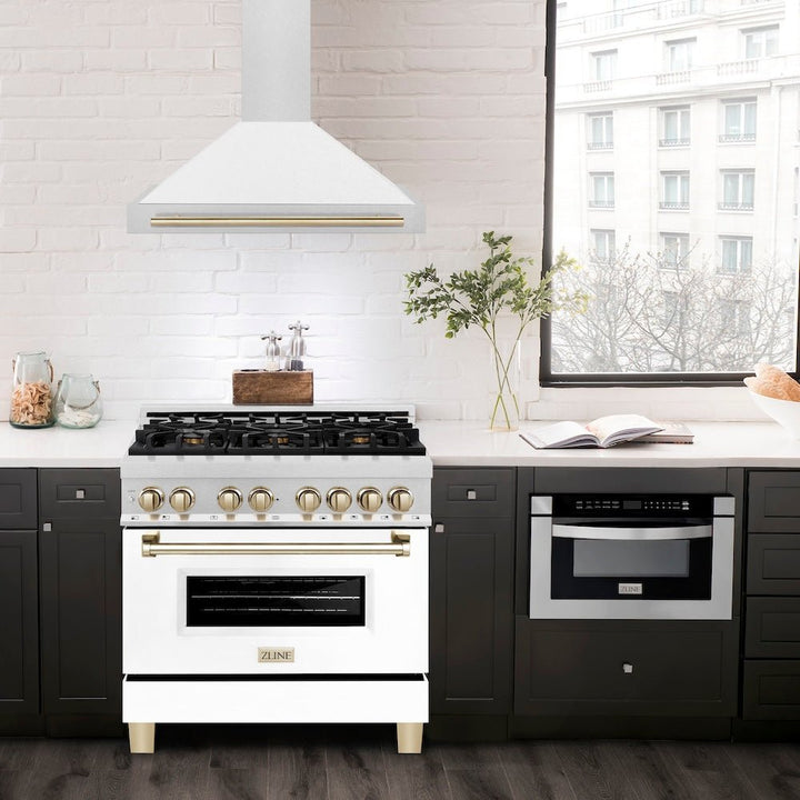 ZLINE 36 in. Autograph Edition Convertible Fingerprint Resistant Satin Stainless Steel Range Hood with White Matte Shell and Polished Gold Handle (KB4SNZ-WM36-G)