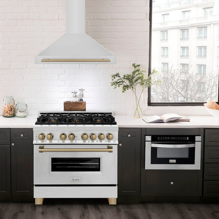 ZLINE 36 in. Autograph Edition Convertible Stainless Steel Range Hood with Stainless Steel Shell and Champagne Bronze Accents (KB4STZ-36-CB)