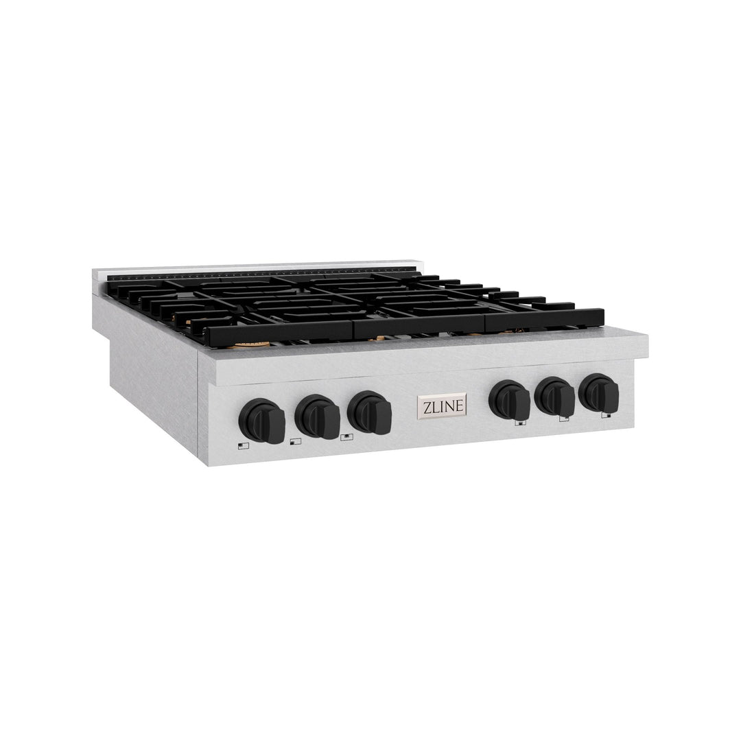 ZLINE 36 in. Autograph Edition Paramount Gas Rangetop with 6 Burners and Porcelain Cooktop in Satin Stainless Steel with Matte Black Accents (SRTSZ-36-MB)