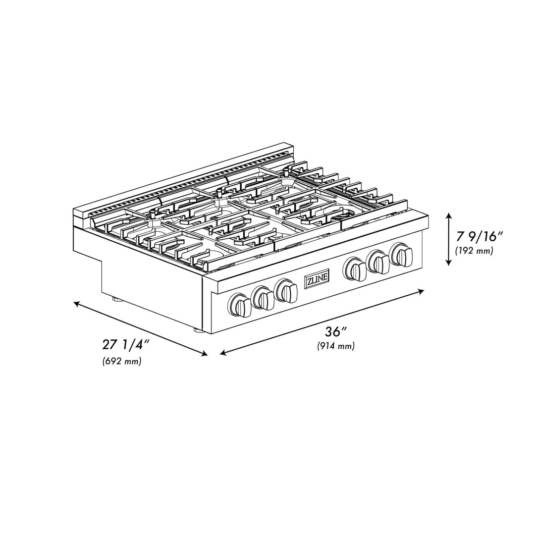 ZLINE 36 in. Autograph Edition Paramount Gas Rangetop with 6 Burners and Porcelain Cooktop in Satin Stainless Steel with Matte Black Accents (SRTSZ-36-MB)
