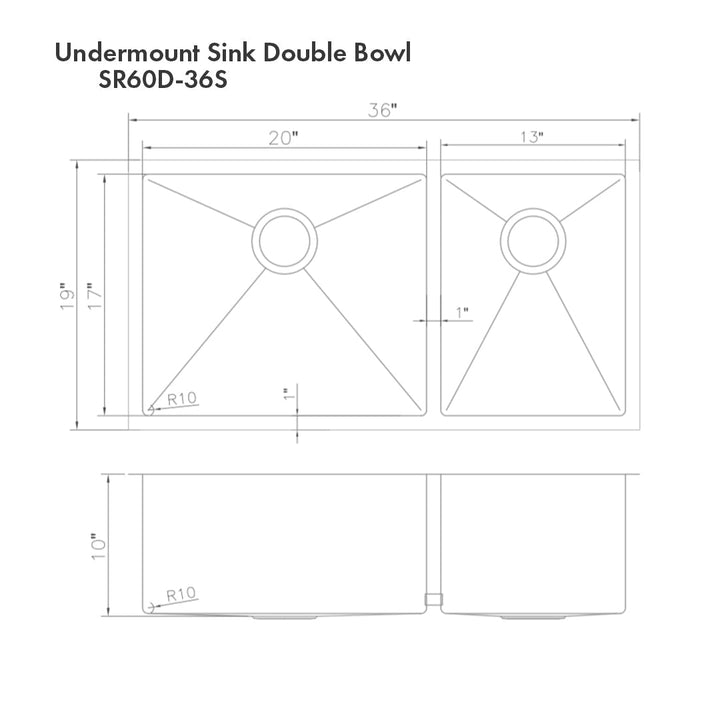 ZLINE 36 in. Chamonix Undermount Double Bowl Satin Stainless Steel Kitchen Sink with Bottom Grid (SR60D-36S)