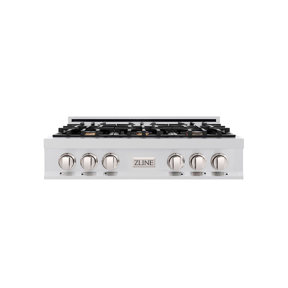 ZLINE 36 in. Classic Gas Rangetop with 6 Brass Burners and Porcelain Cooktop in Stainless Steel with Griddle (RT-BR-GR-36)
