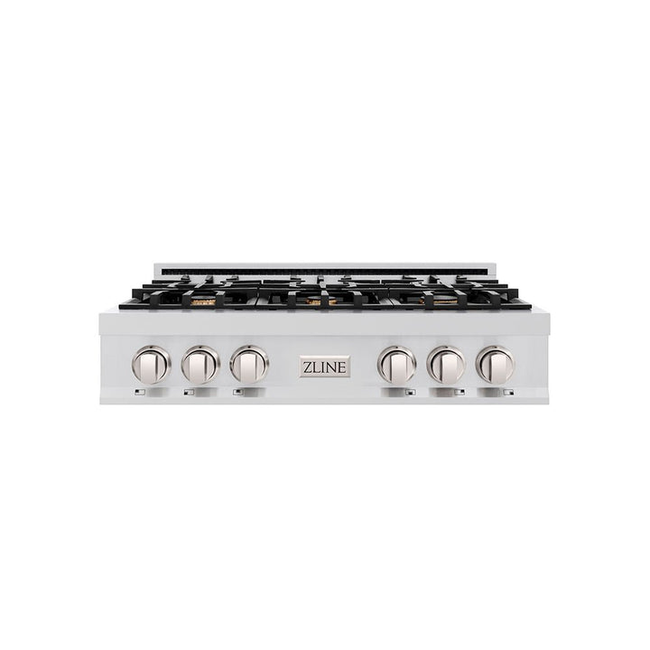 ZLINE 36 in. Classic Gas Rangetop with 6 Brass Burners and Porcelain Cooktop in Stainless Steel with Griddle (RT-BR-GR-36)