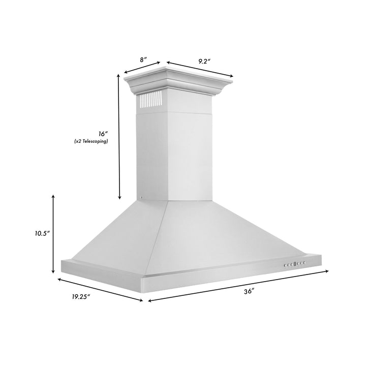 ZLINE 36 in. Convertible Vent Wall Mount Range Hood in Stainless Steel with Crown Molding, KBCRN-36
